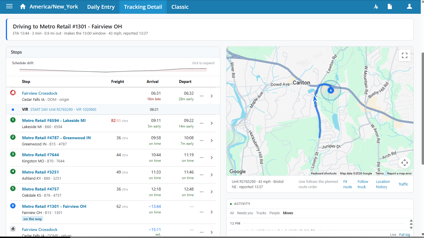 iTrack route detail, stop by stop